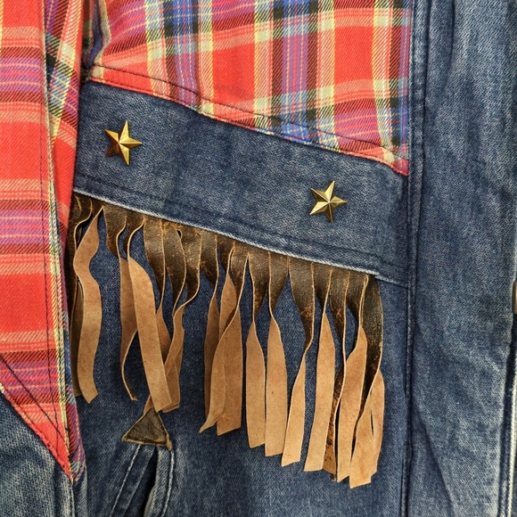 Hot Spices Vintage Denim & Plaid Western Fringe Jacket - Picture 3 of 10